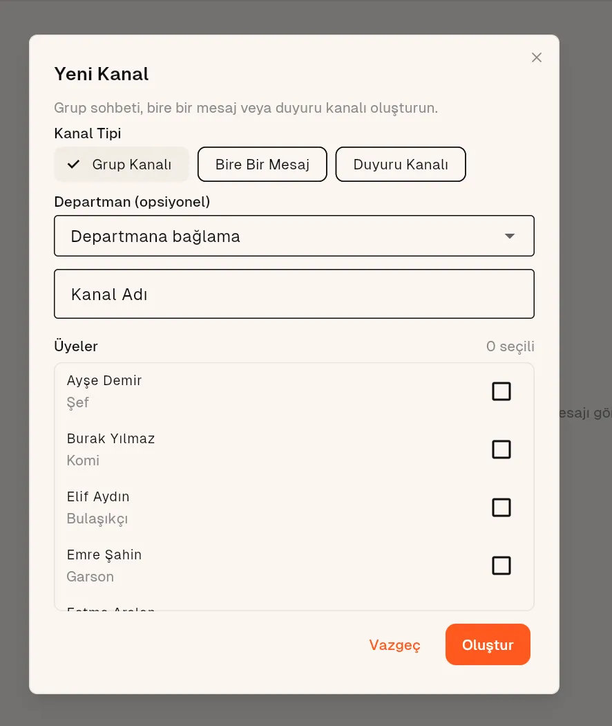 Yeni kanal oluşturma — tip, departman ve üye seçimi